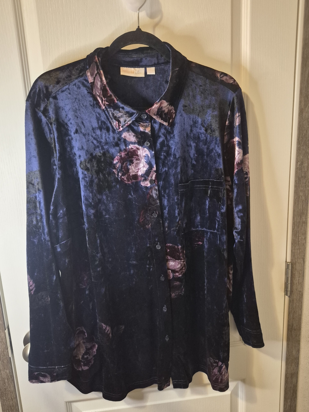 Navy Velvet Button-Up Shirt Pink Floral Rose Dark Romance Whimsigoth Acadamia 1X